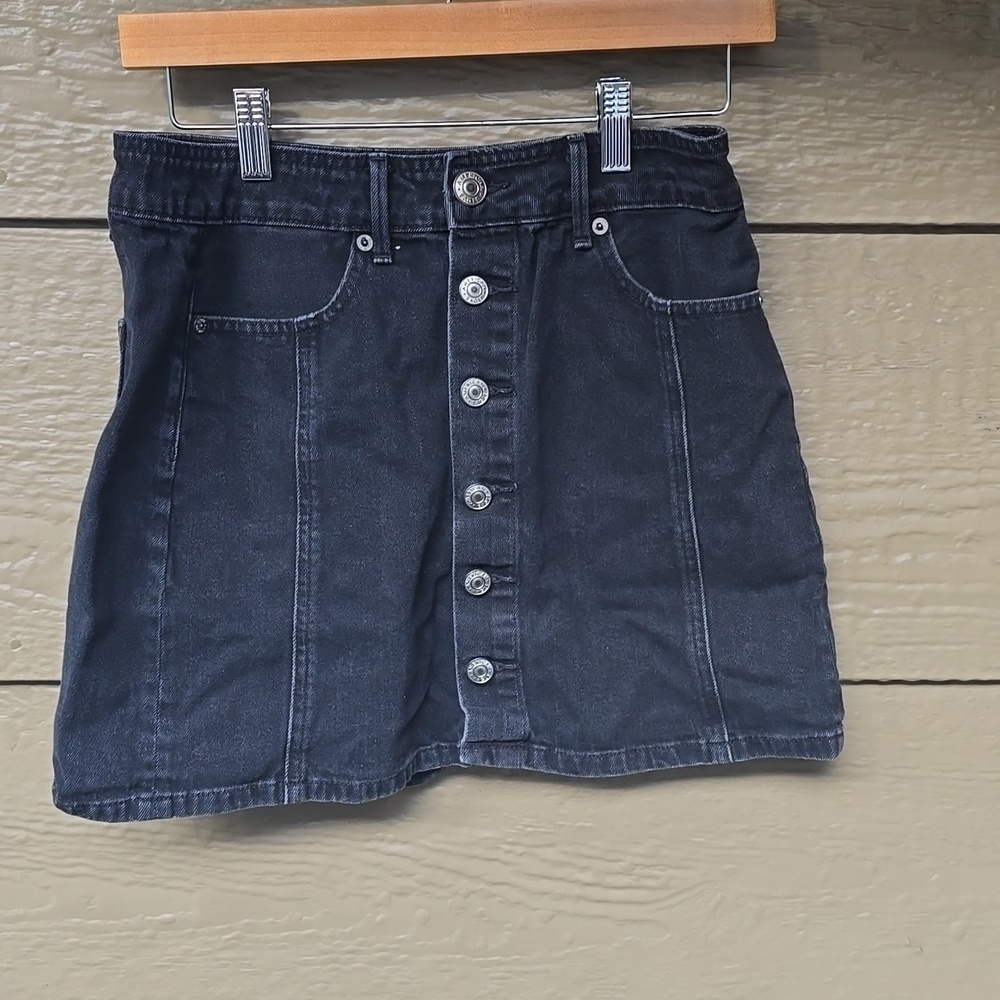 American Eagle Skirt Black Button Front Hi Rise A Line Denim Mini 4